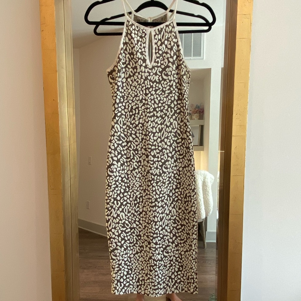 White/green leopard print midi dress